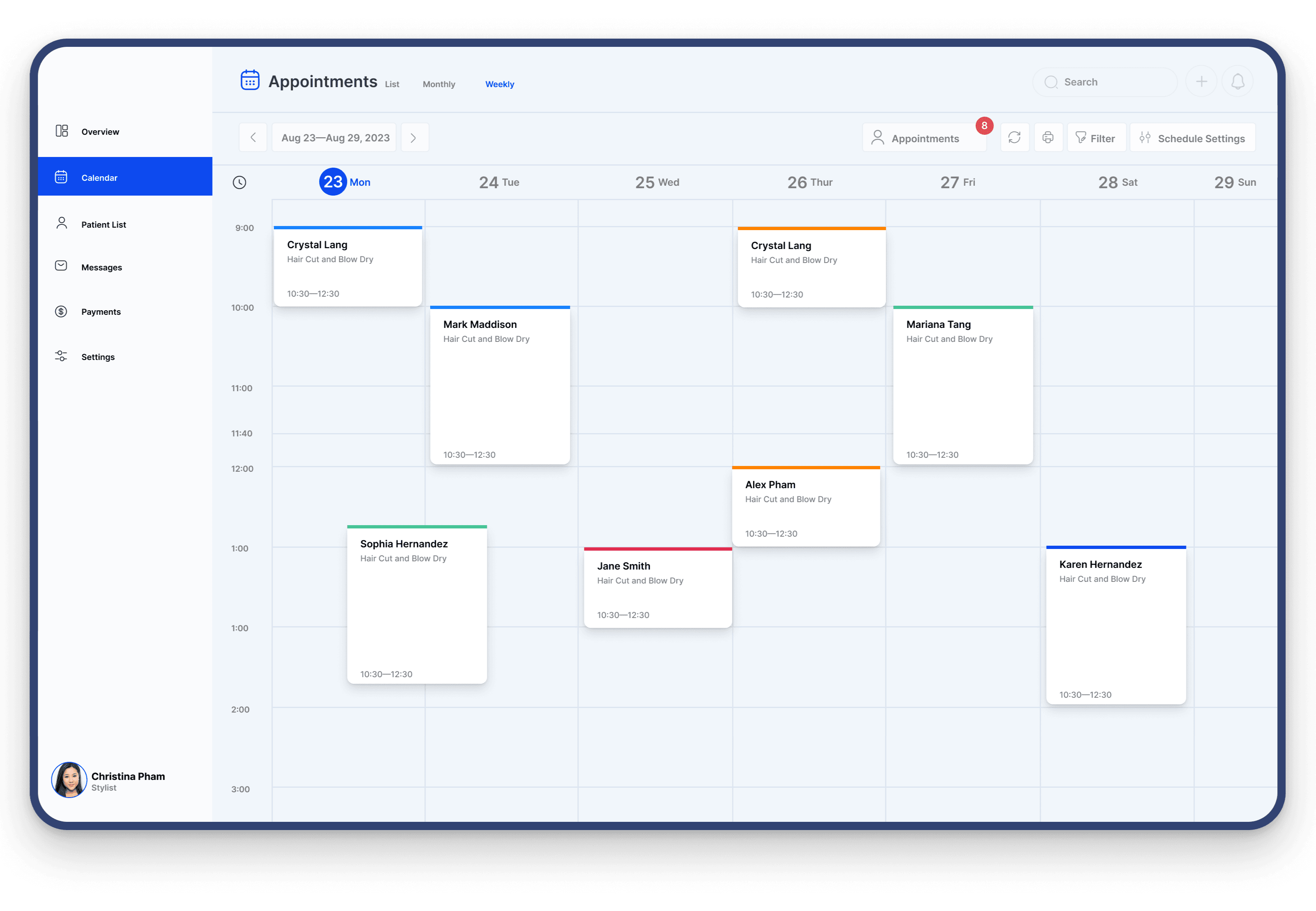 Tablet application showing appointments view